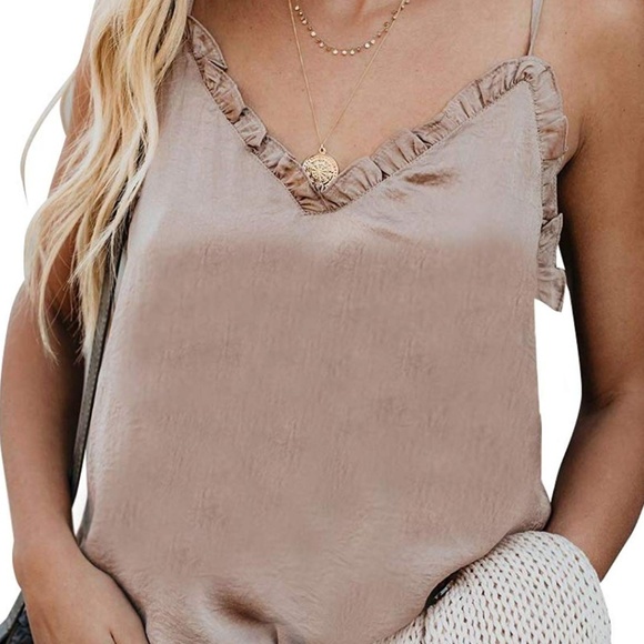 Tops - Khaki Ruffle Trim Tank Top